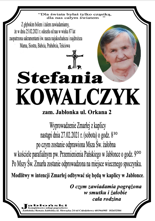 Stefania Kowalczyk Nekrologi Podhale24 Pl