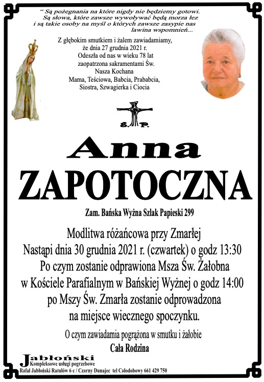 Anna Zapotoczna Nekrologi Podhale24 Pl