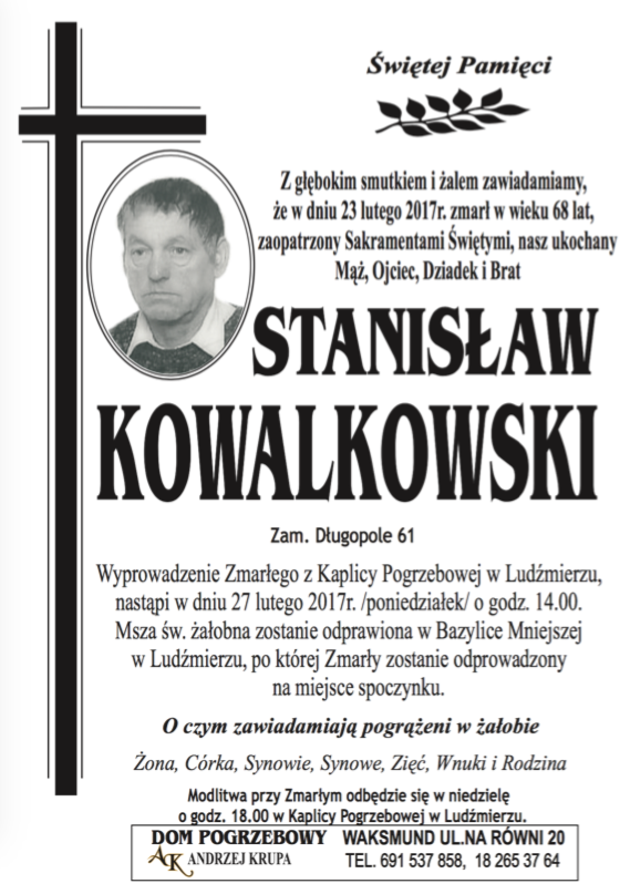 Stanis Aw Kowalkowski Nekrologi Podhale Pl