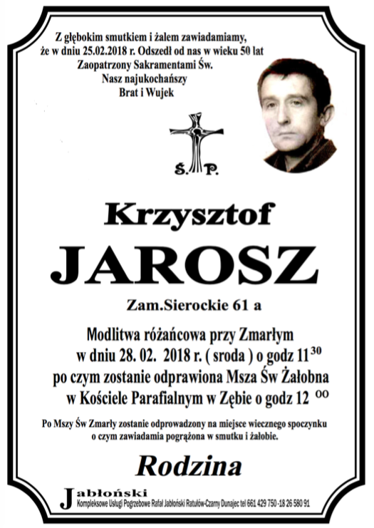 Krzysztof Jarosz Nekrologi Podhale Pl