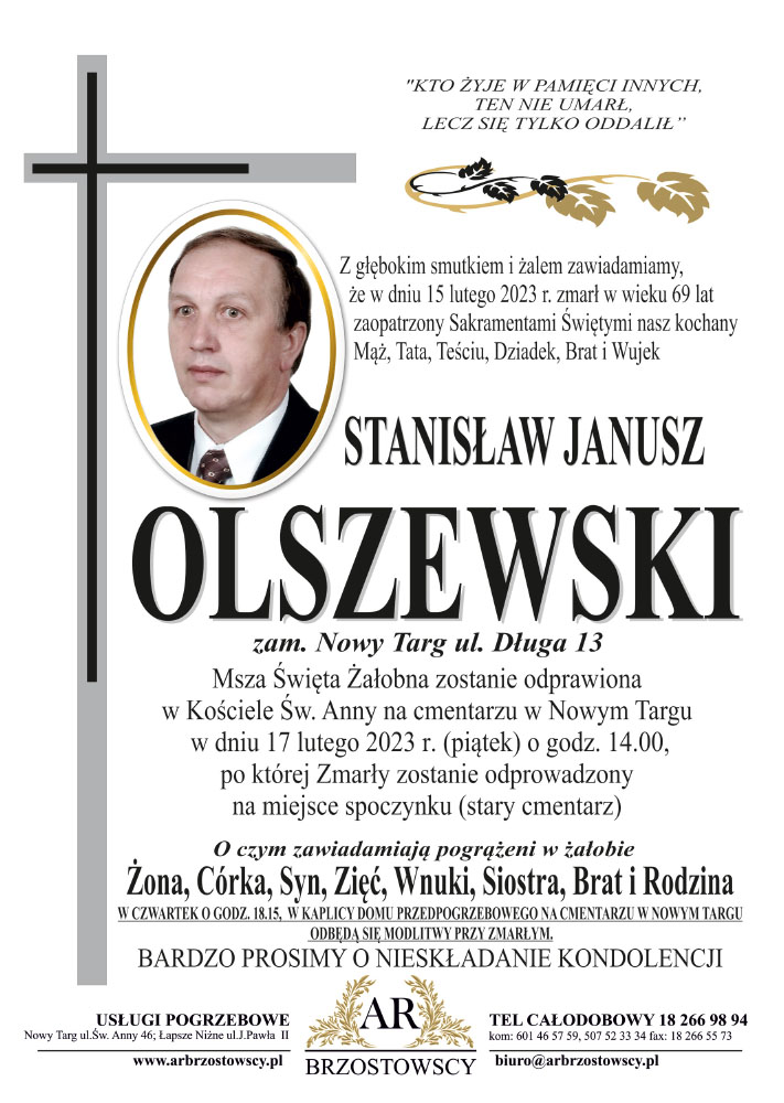 Stanis Aw Janusz Olszewski Nekrologi Podhale Pl