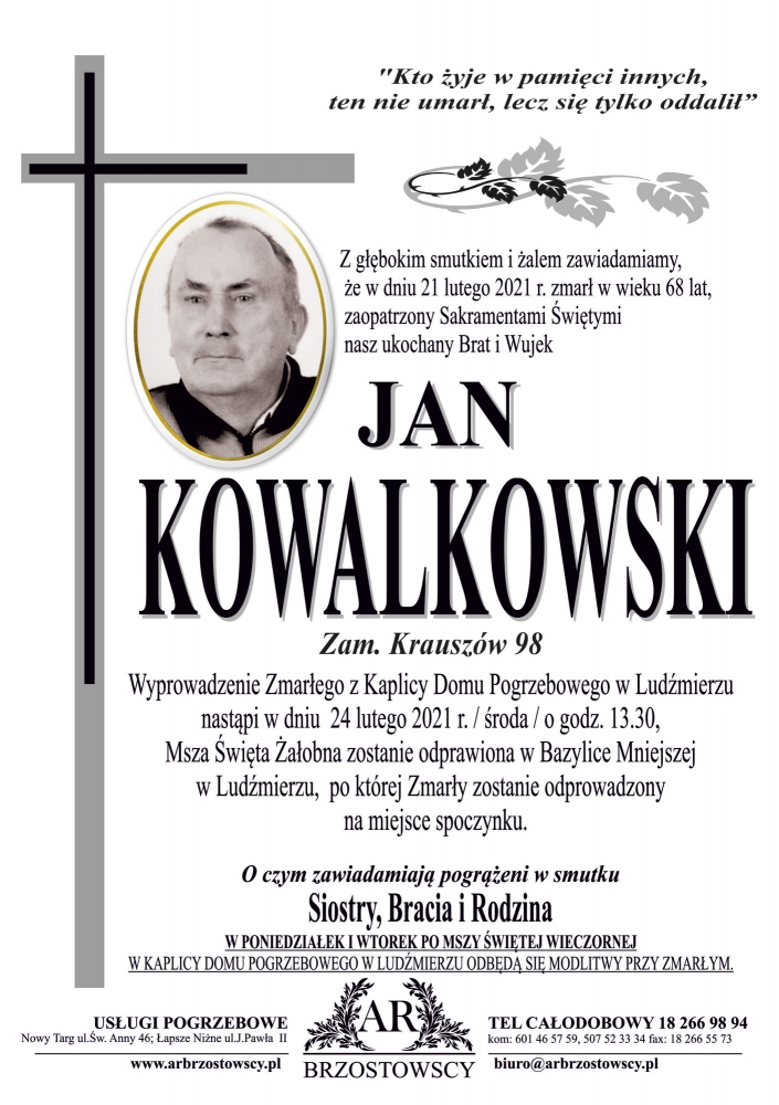 Jan Kowalkowski Nekrologi Podhale Pl