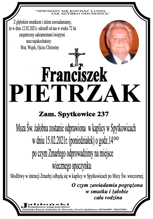 Franciszek Pietrzak Nekrologi Podhale Pl